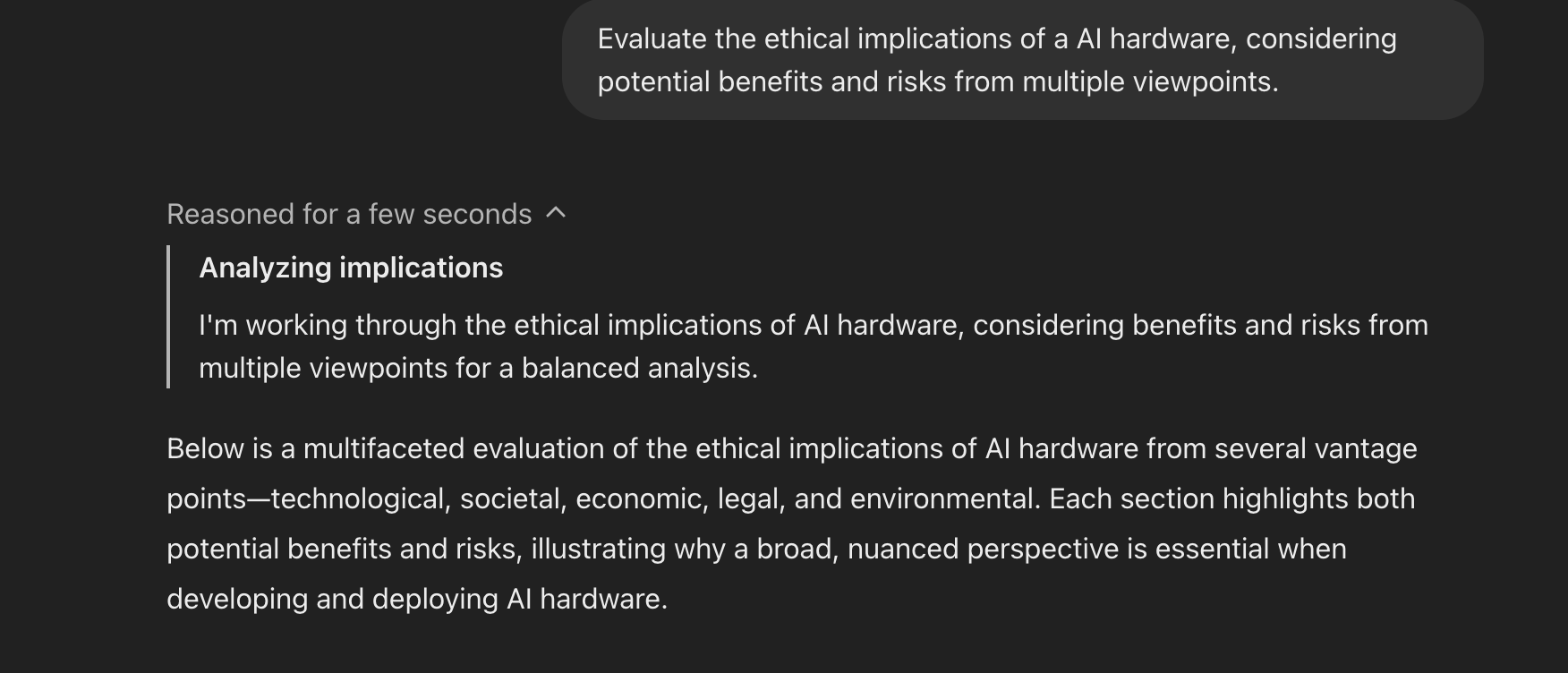 a screenshot of chatgpt that said reasoned for a few seconds