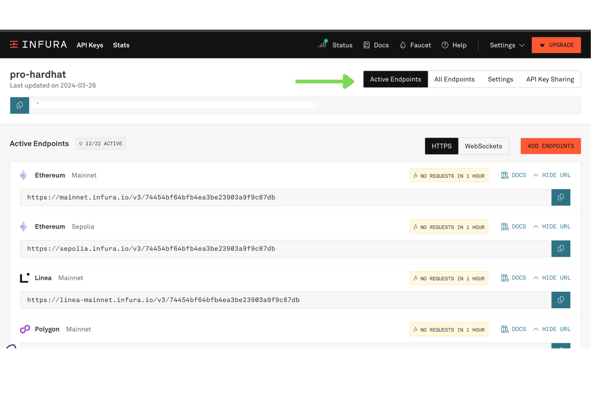 Infura Active Endpoint page
