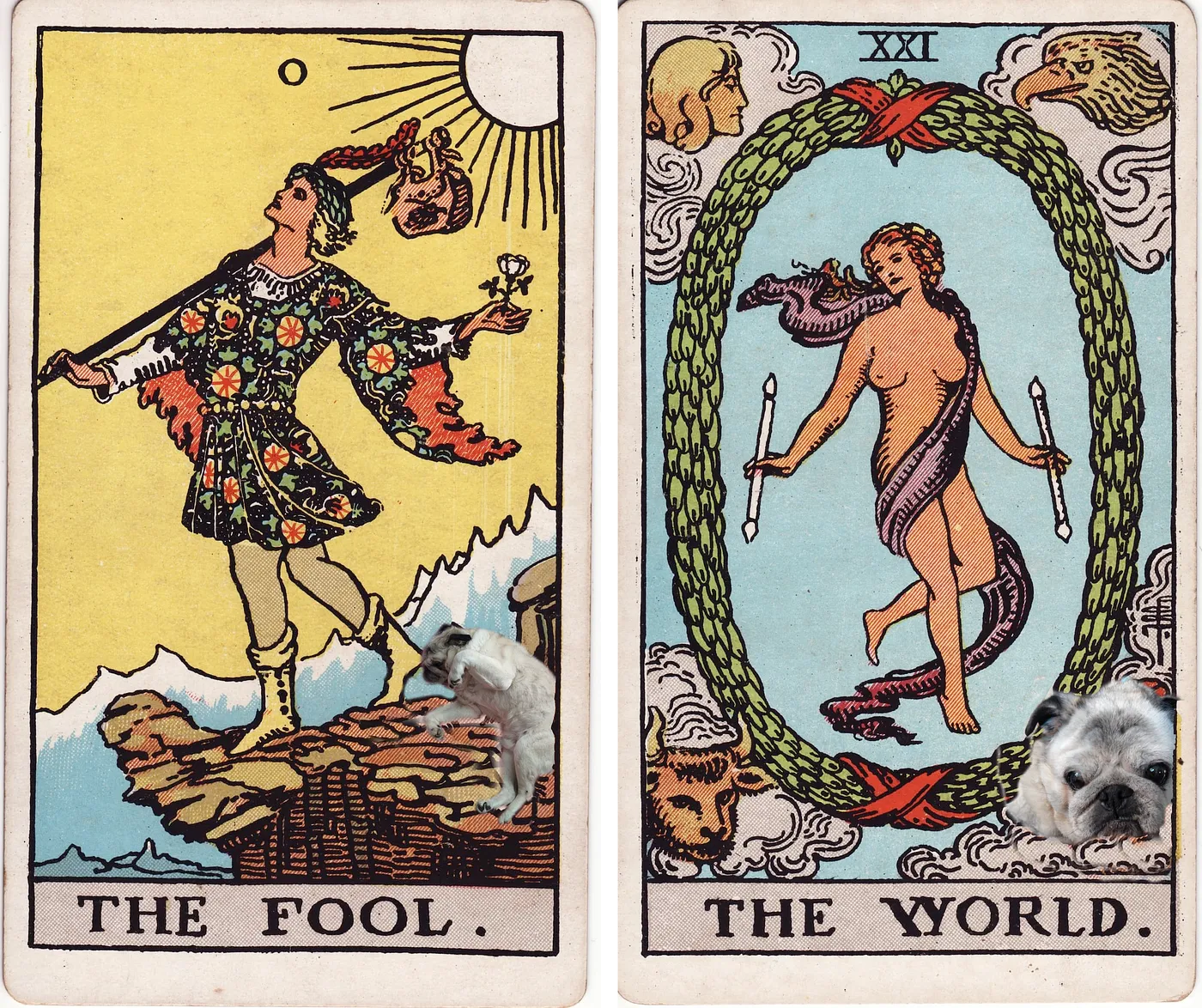 The Rider-Waite tarot cards for The Fool and The World with Gary Photoshopped poorly into them