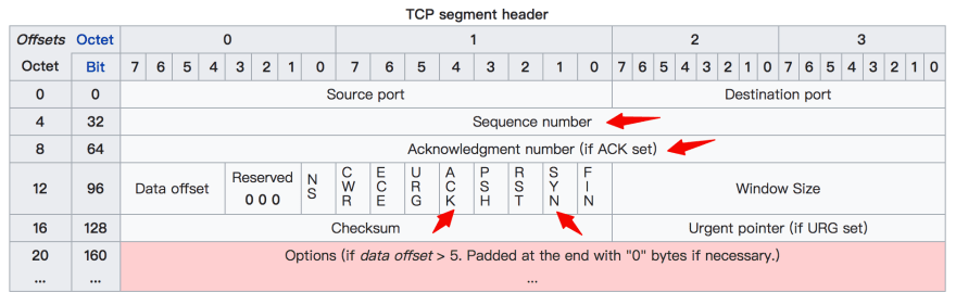 Schema of a TCP packet, showing the headers and flags that are in the packet
