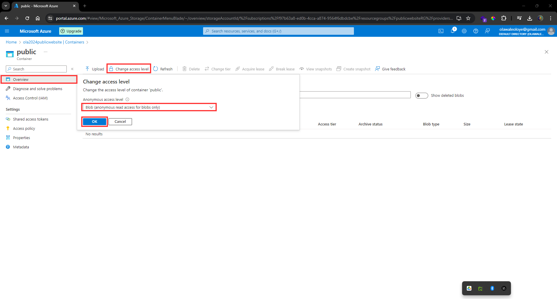 Public access level is Blob