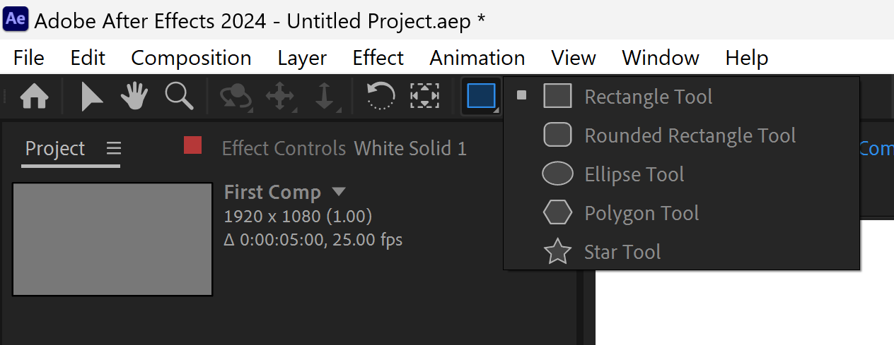 Screenshot of right clicking on the rectangle tool, to reveal all other shape tools.