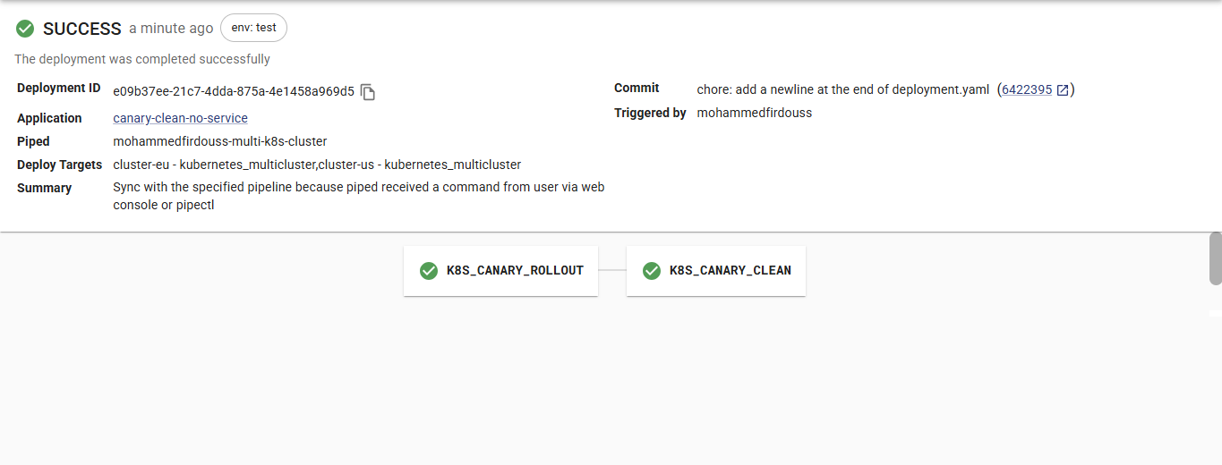 K8S_CANARY_ROLLOUT → K8S_CANARY_CLEAN pipeline — both stages green on cluster-eu and cluster-us