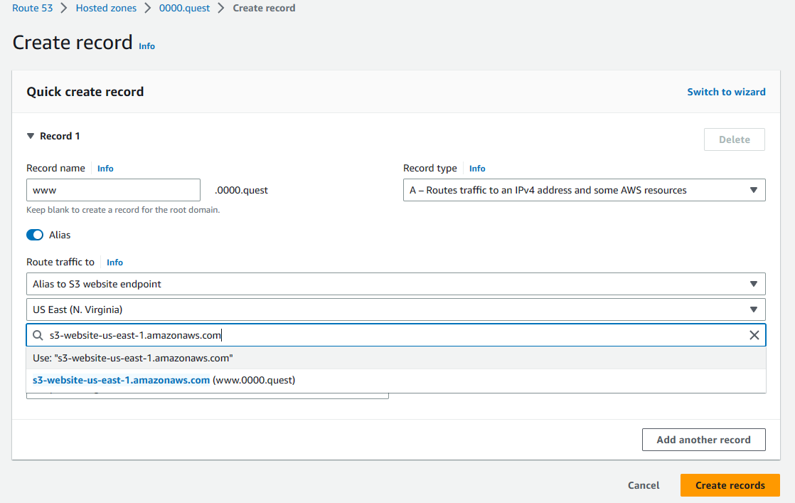 AWS S3 bucket DNS record screenshot