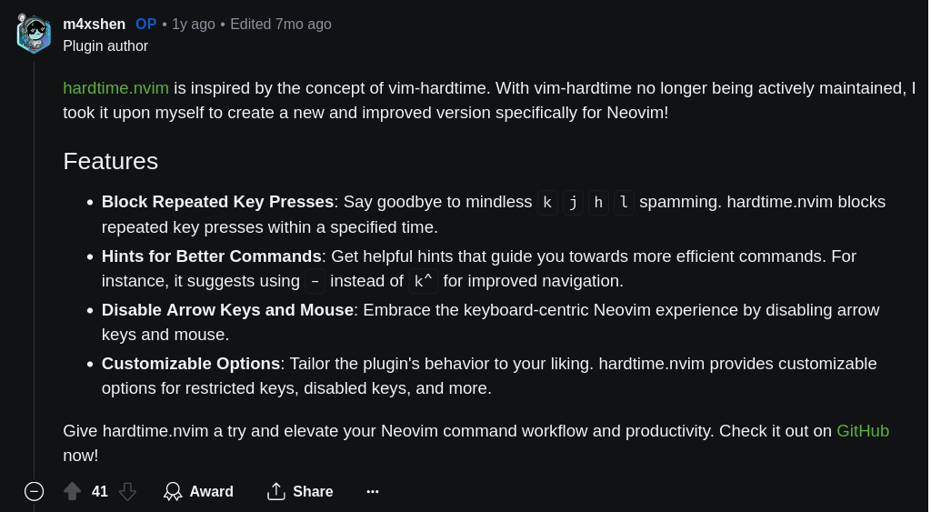 Reddit comment introducing hardtime.nvim