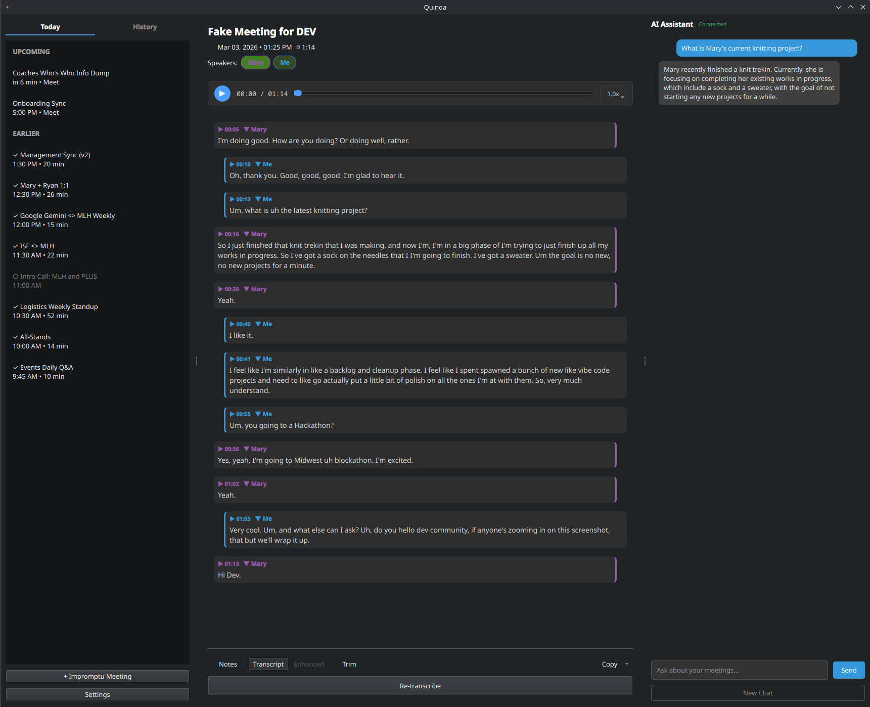 Showing today view, asking the assistant a question, and another transcript