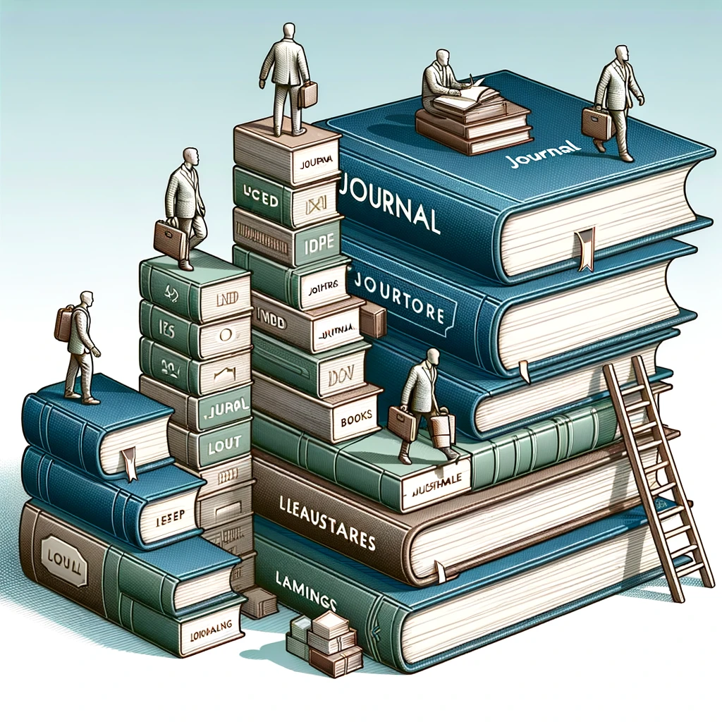 An illustration showing a solid foundation made of journals stacked one atop another, supporting a structure that represents a person’s career. On this foundation, figurines of professionals are climbing a staircase made of books and milestones, highlighting the role of a working journal in laying the groundwork for continuous learning and professional growth.