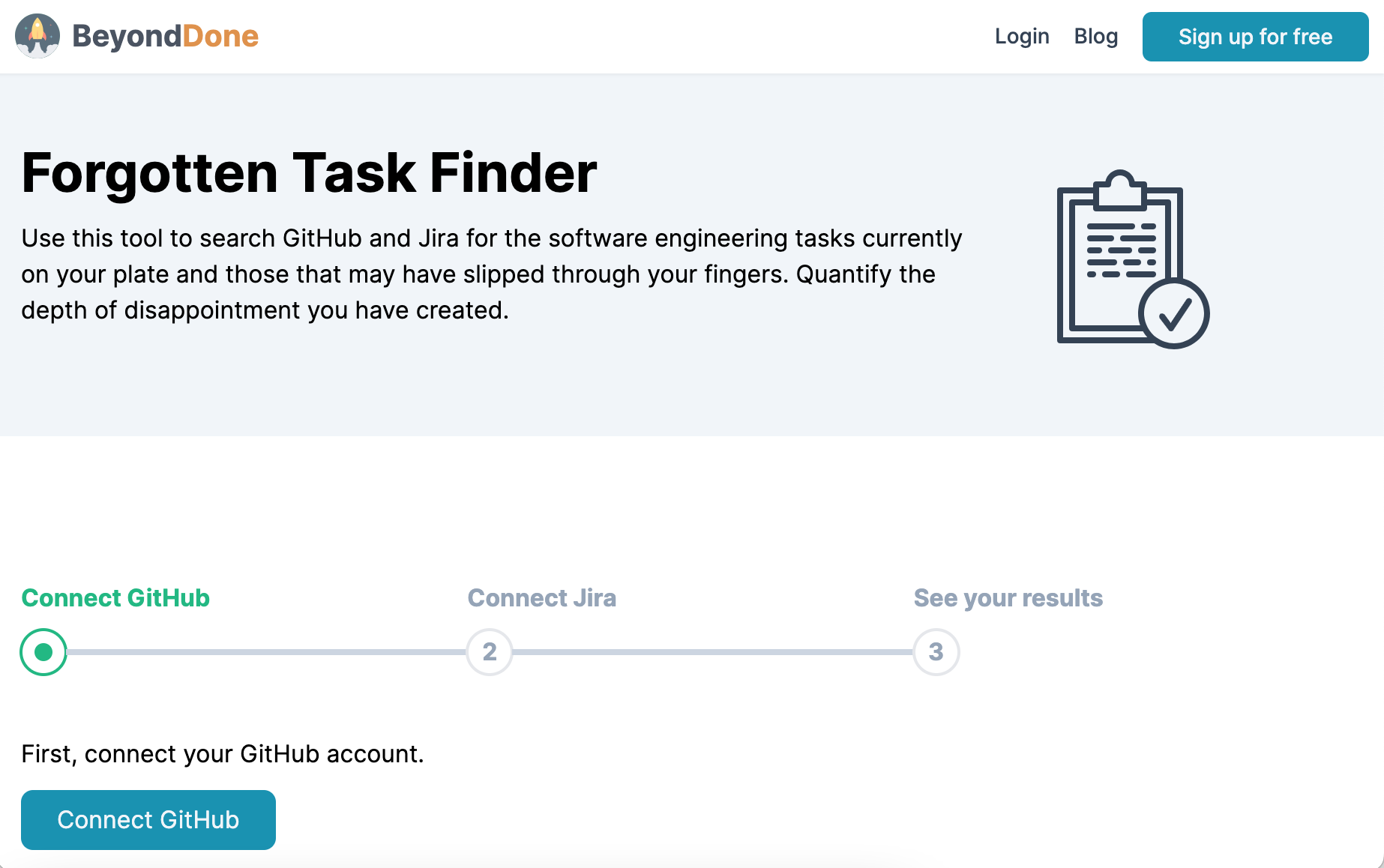 Screenshot of the Forgotten Task Finder starting page