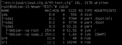 Partitions of the Debian VM, now the root volume is using all of the available space on the storage disk.