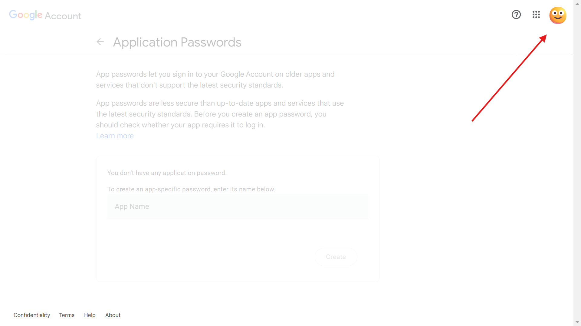 Google app password plateform interface with red arrow to profile picture