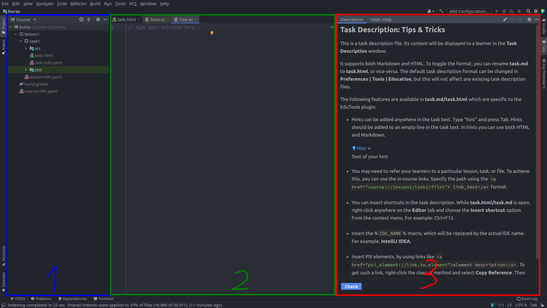 As três partes da interface do projeto do EduTools segmentadas em 1, 2 e 3
