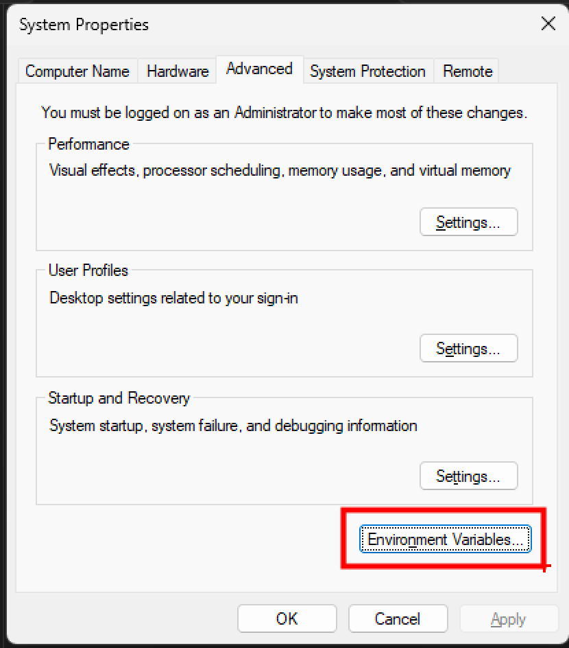 Open environment variables