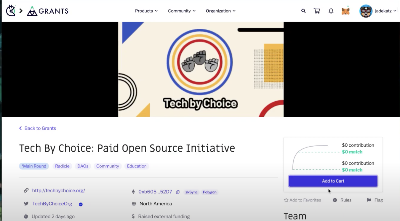 Image of Tech by Choice grant with user clicking on "add to cart" page