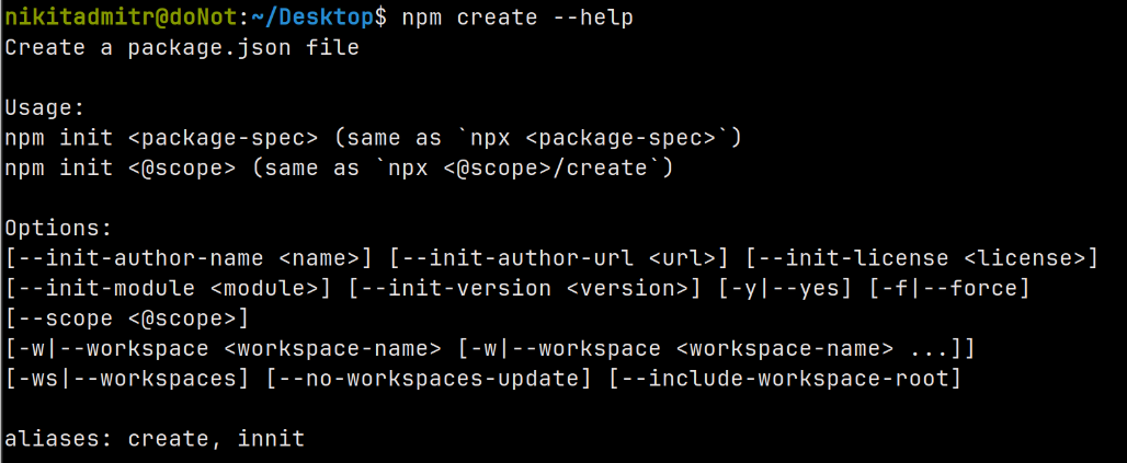 A terminal screenshot depicting the command 'npm create --help.' The image shows the list of available options and their descriptions provided by the 'npm create' command for help and configuration of a new project