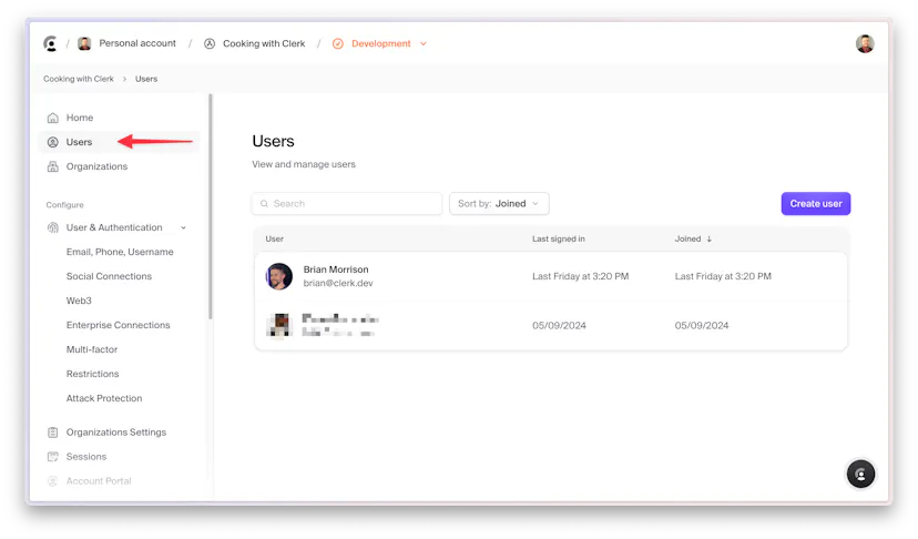 The Clerk Dashboard Users section