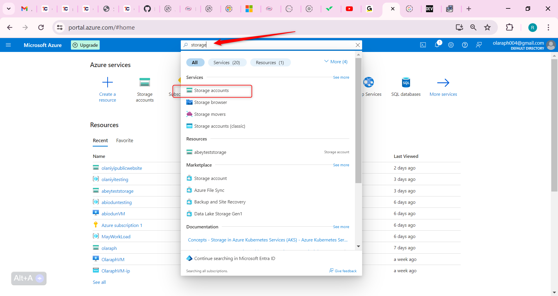 search for and select Storage accounts
