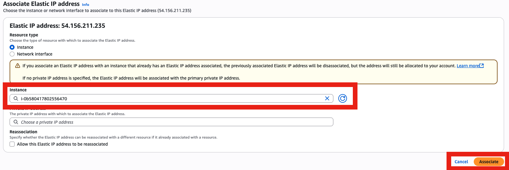 Associate Elastic IP with EC2 instance