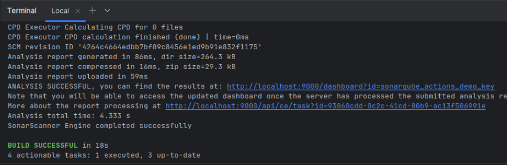 Gradle sonar local scanning command result