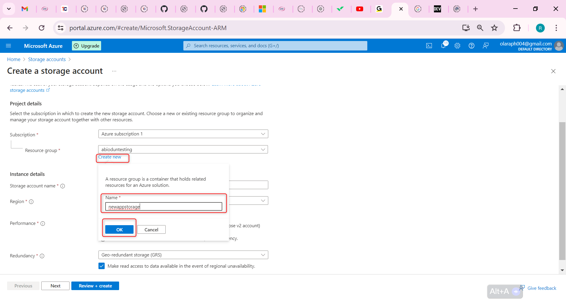 Resource group select Create new