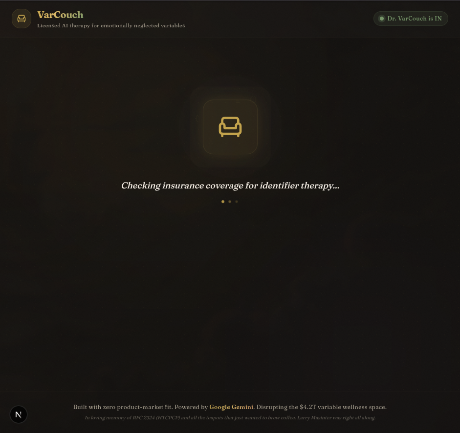 Loading animation with floating couch and code symbols