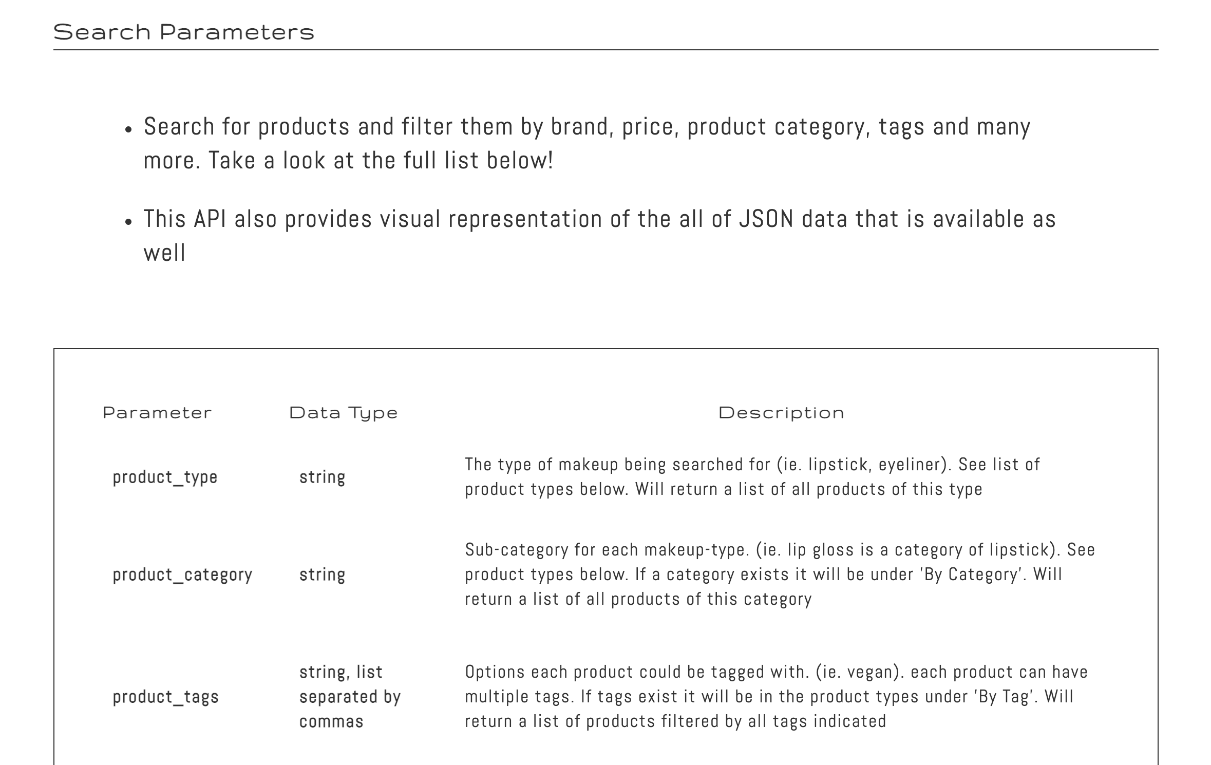 MakeUp API Parameter list