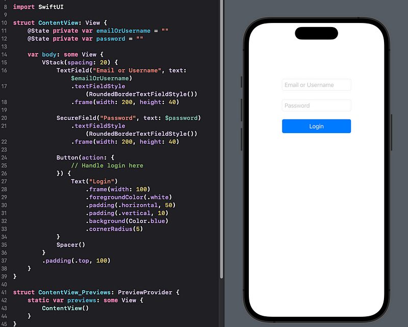 Screenshot: SwiftUI code and live preview side-by-side