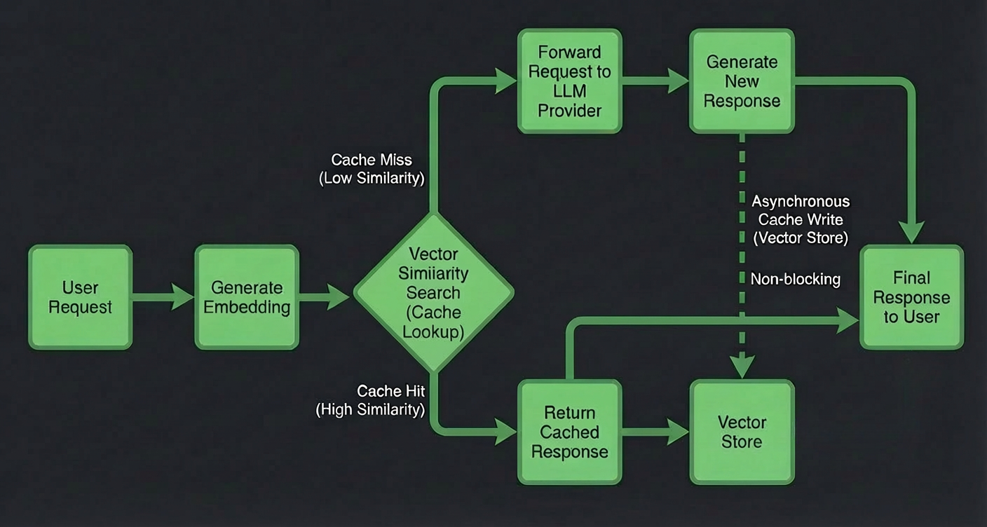 LLM網關中的語意快取流程圖，展示了嵌入生成、向量相似性搜尋、快取命中、快取未命中和非同步快取寫入。