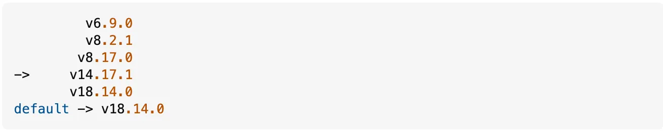 NVM list command to see the list of node versions