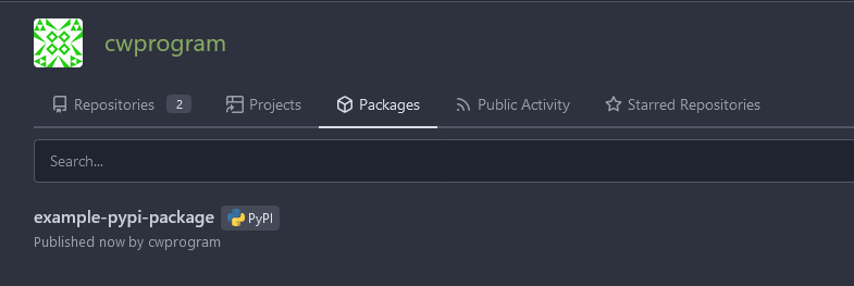 Display of the packages tab showing a successful pypi upload