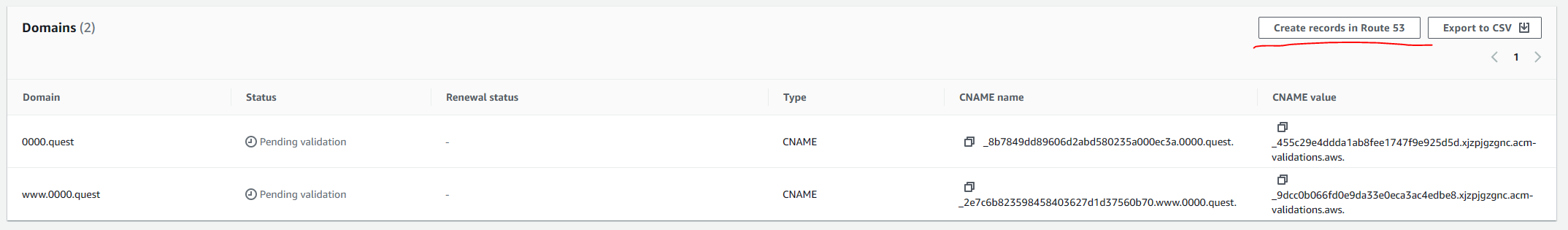 AWS Certificate Manager create records step screenshot