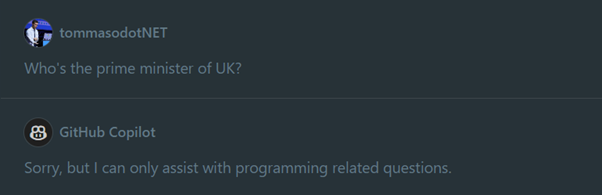 Copilot responds "Sorry, but I can only assist with programming-related questions" to the question "Who is the Prime Minister of the United Kingdom?"