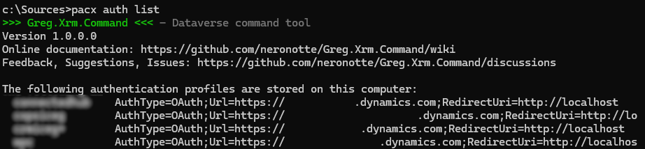 pacx auth list sample output