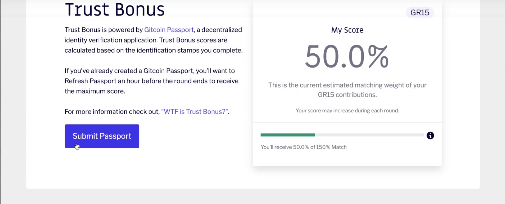 Image of Gitcoin setting pages that shows your trust score and how to increase it