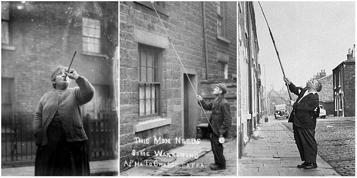 Window knocker uppers are waking people up during the industrial revolution. Credit https://www.vintag.es