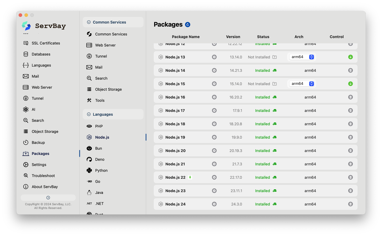 ServBay hỗ trợ triển khai môi trường Node.js