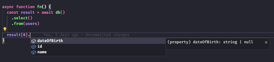 Code example of the inferred types on drizzle
