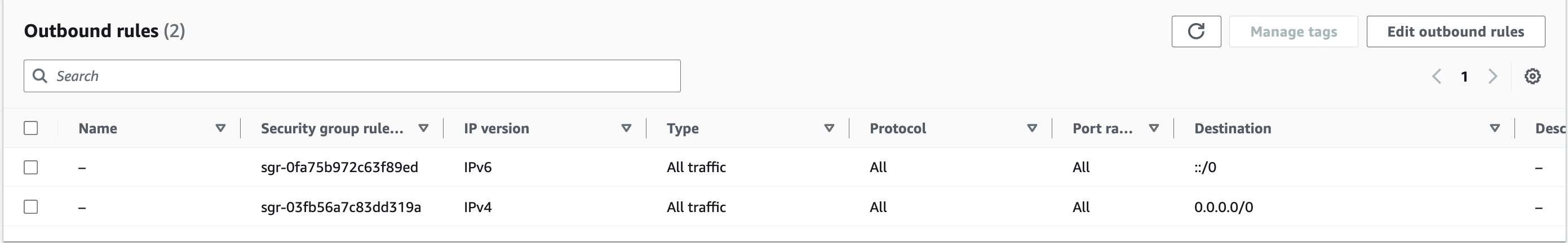 Example security group outbound rules