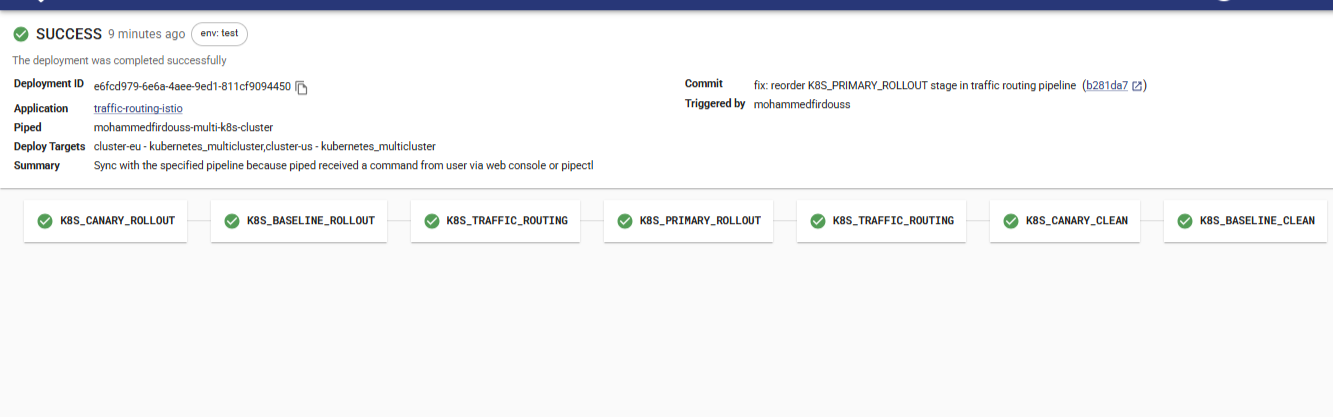 Full Istio pipeline, all 7 stages green on cluster-eu and cluster-us