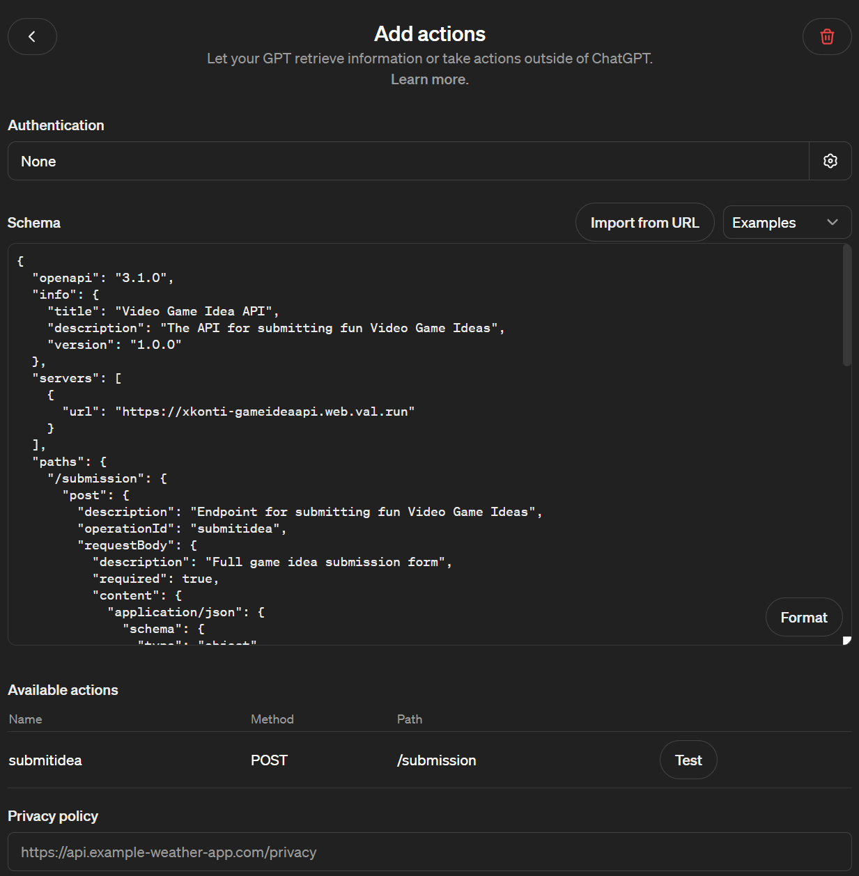 Action creation form
