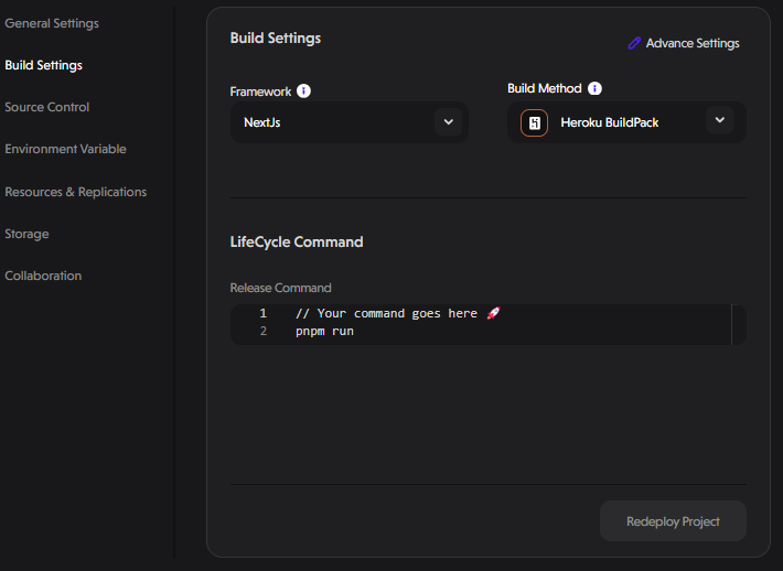 Lifecycle command in build settings set to pnpm build