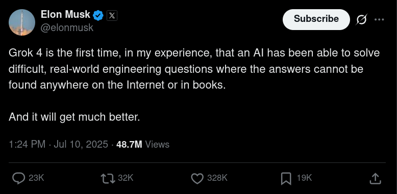 Elon 肯定在用 Grok 4 暗示 AGI