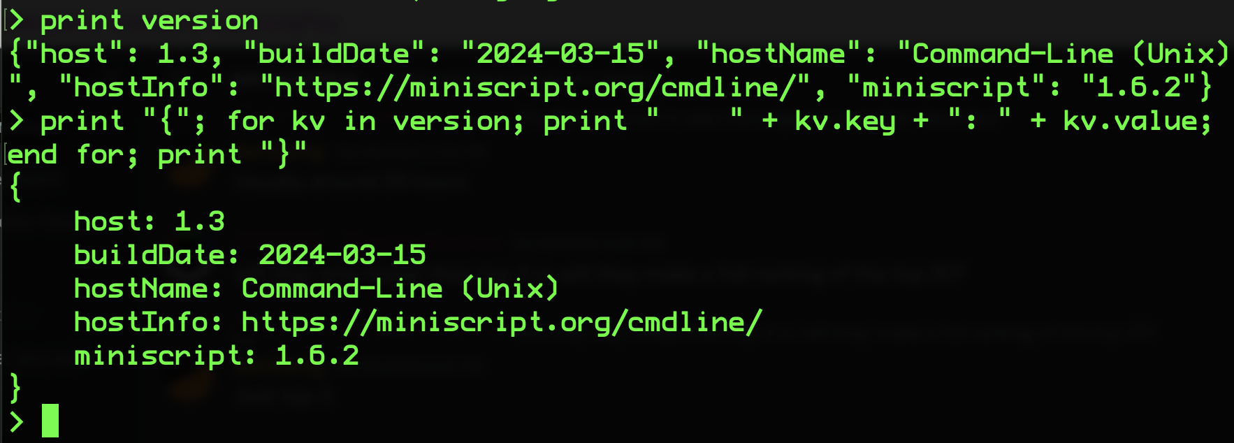 Screen shot of `version` printed in command-line MiniScript
