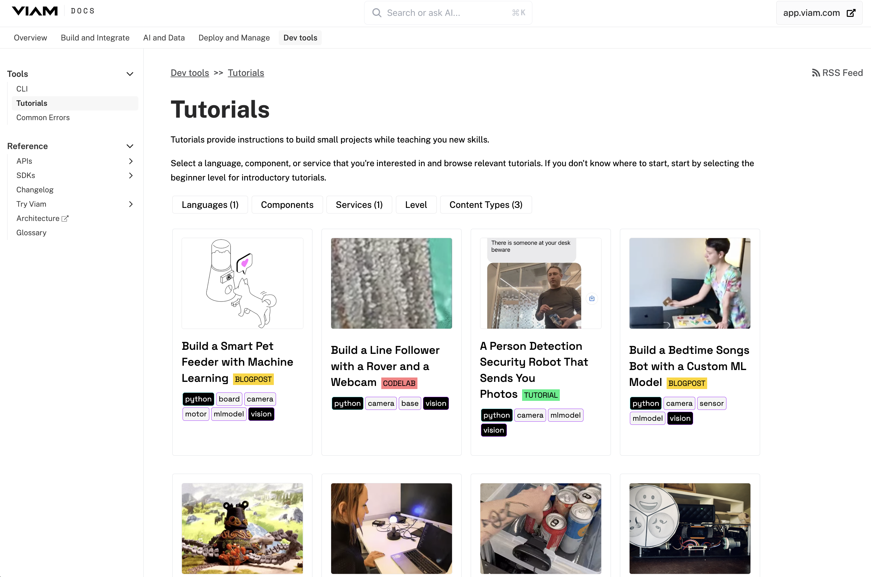 Tutorial page of the Viam docs