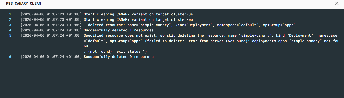 K8S_CANARY_CLEAN stage log deleting simple-canary resources from both clusters