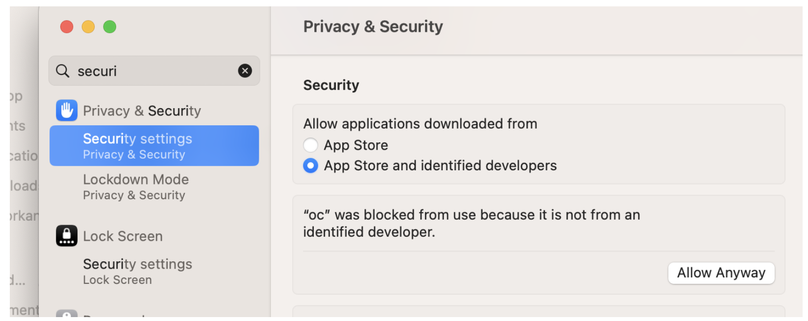 Allow oc cli on mac