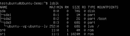 Partitions of the VM, now the root volume is using all of the available space.