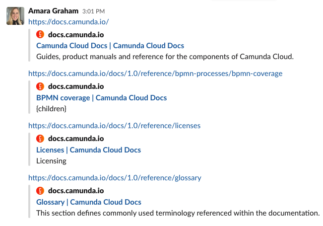 Slack links with previews showing short descriptions