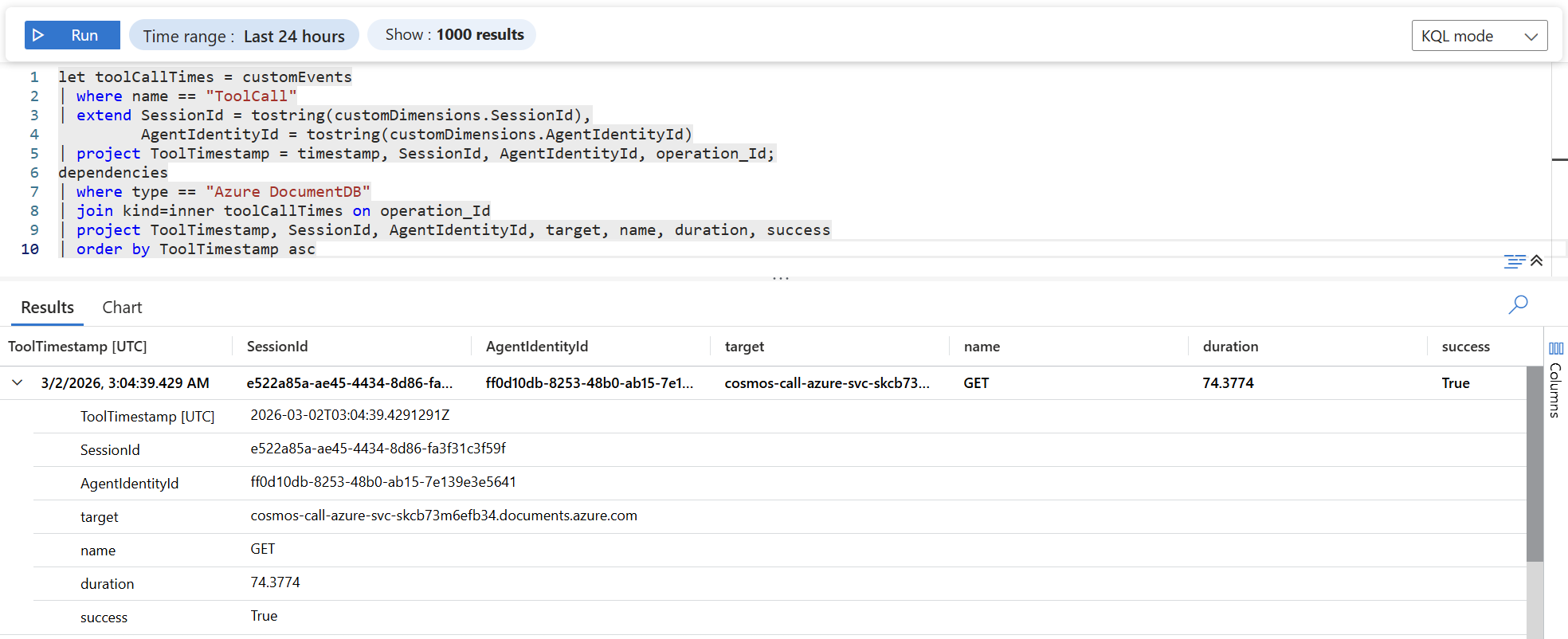 <strong>Screenshot:</strong> The joined query results showing each tool invocation alongside its Cosmos DB dependency call — including the agent identity ID, request duration, target database, and success status.