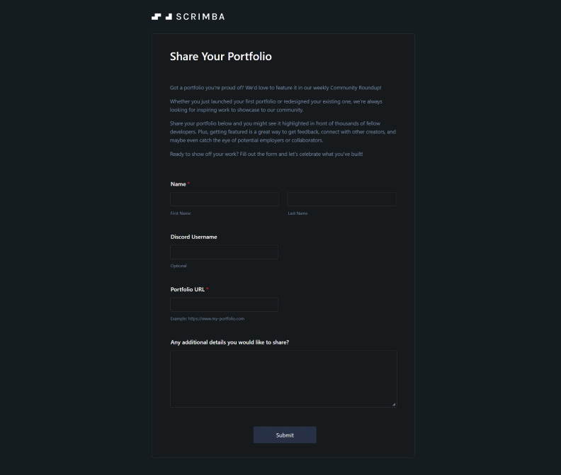 form landing page to share your portfolio with the community to be featured in the newsletter