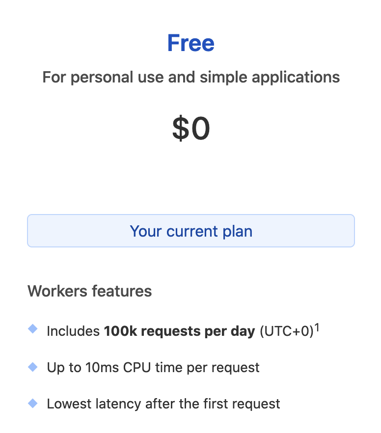 Using Rust Cloudflare Workers: Test Route: Free plan details: 100k requests per day, up to 10 ms CPU tiem per request, lowest latency after the first request"